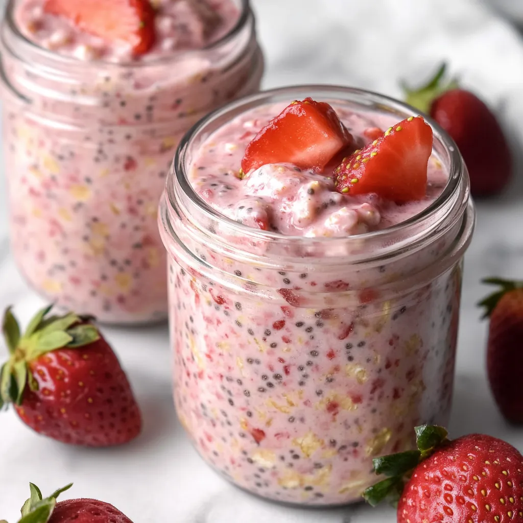 Zwei Glas mit Strawberries and Cream Overnight Oats.