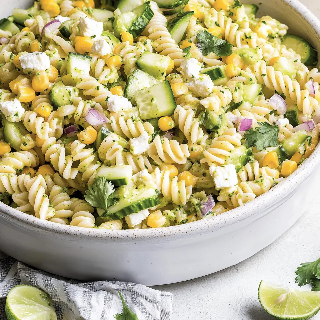 Ein großes, weißes Becken mit einer Mischung aus Pasta, Zucchini, Kokosmelasse, Lime und Cilantro.