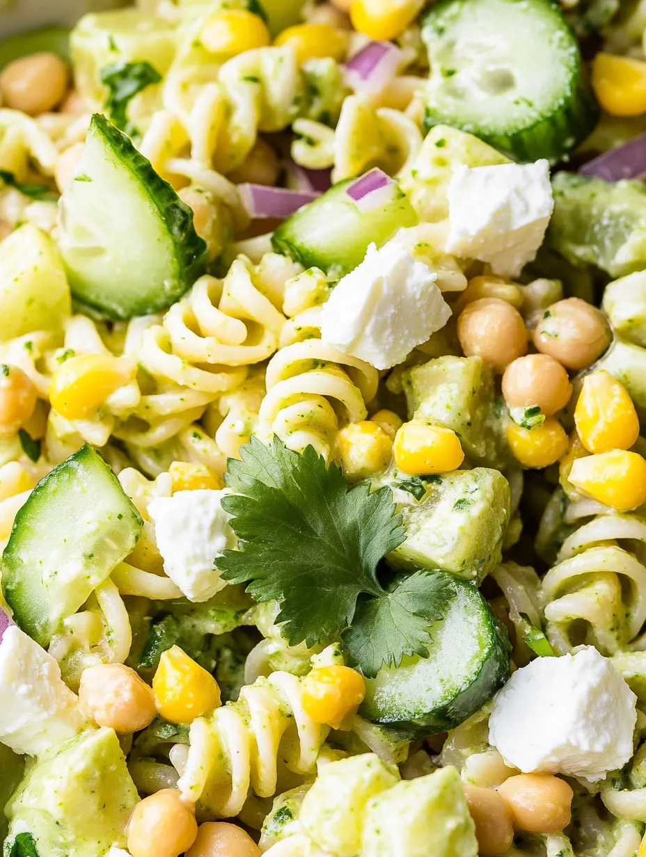 Eine prägnante Bildbeschreibung auf Deutsch lautet: "Fresh & Healthy Cilantro Lime Pasta Salad (Super Creamy!)".