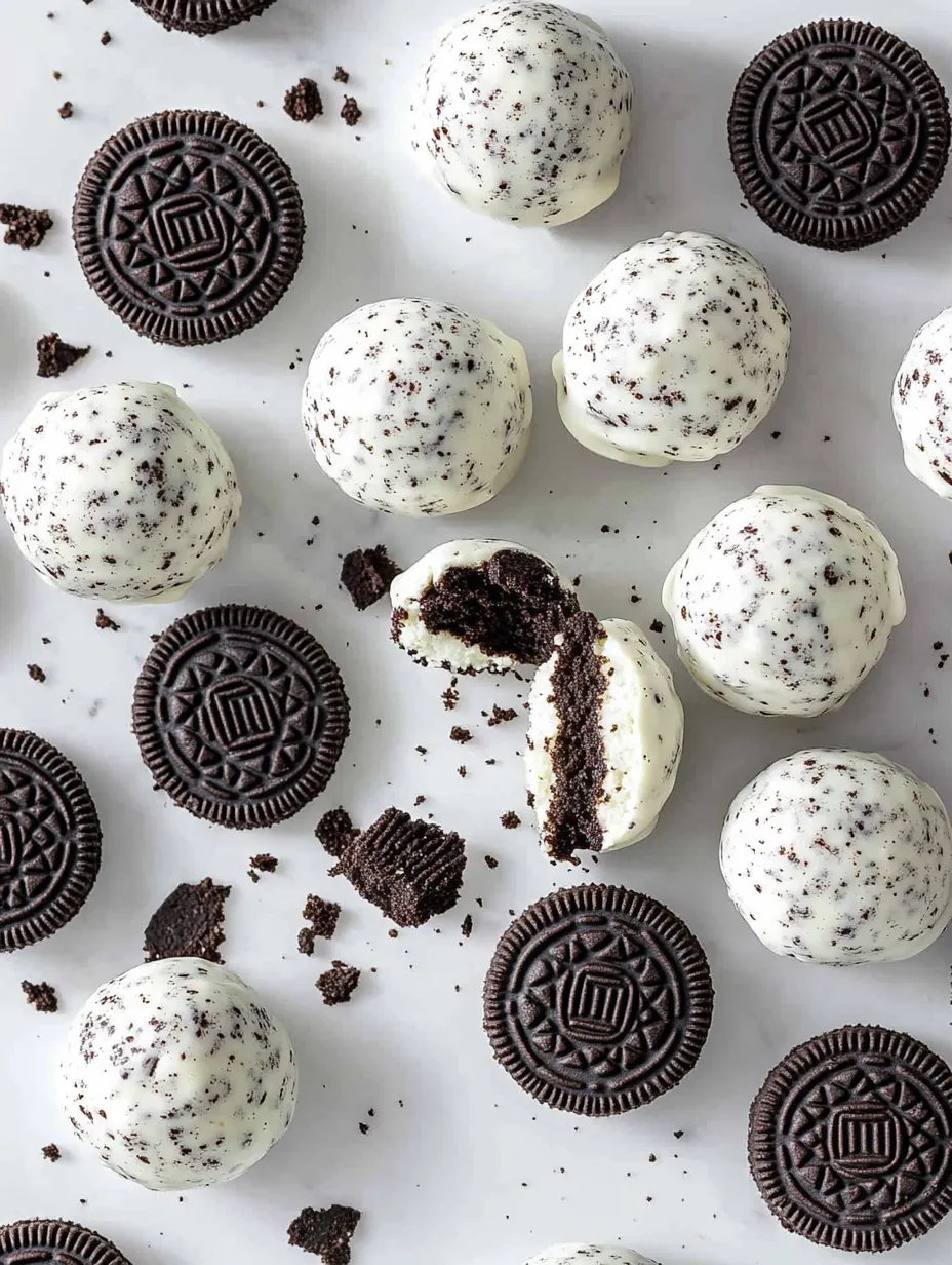 Eine Gruppe von Oreo Cake Balls, die auf einem Tisch liegen.