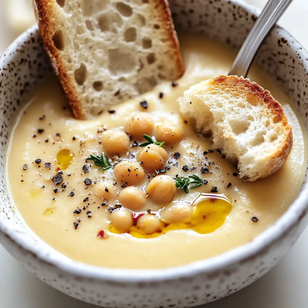 Ein Becher mit einer cremigen Suppe, die mit gerösteten Kichererbsen und Knoblauch zubereitet wurde.