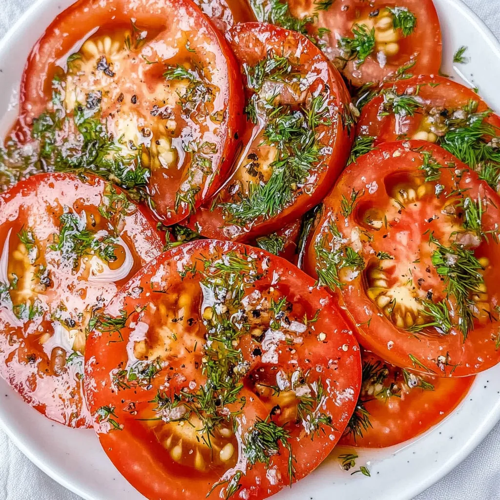 Ein wei&szlig;er Teller mit frischen Tomaten, die in einer Marinade getaucht sind.