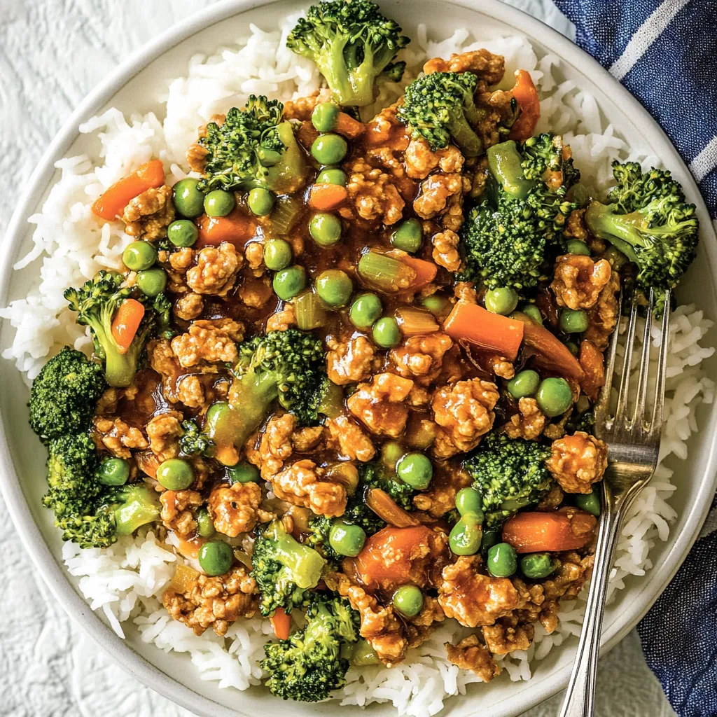 Ein weißer Teller mit Teriyaki Ground Turkey, Broccoli und Peas.