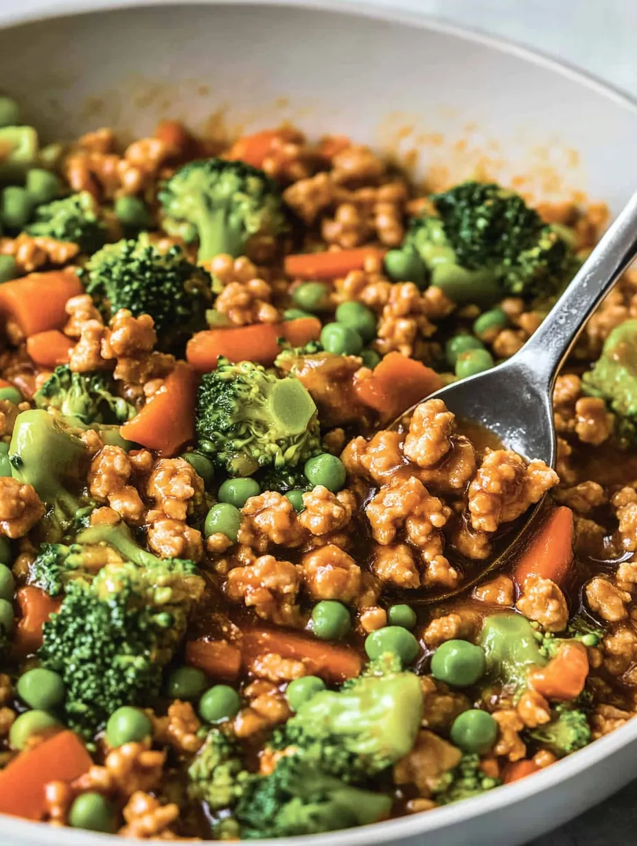 Ein Bild von einer Mischung aus Teriyaki Ground Turkey, Broccoli und Peas.