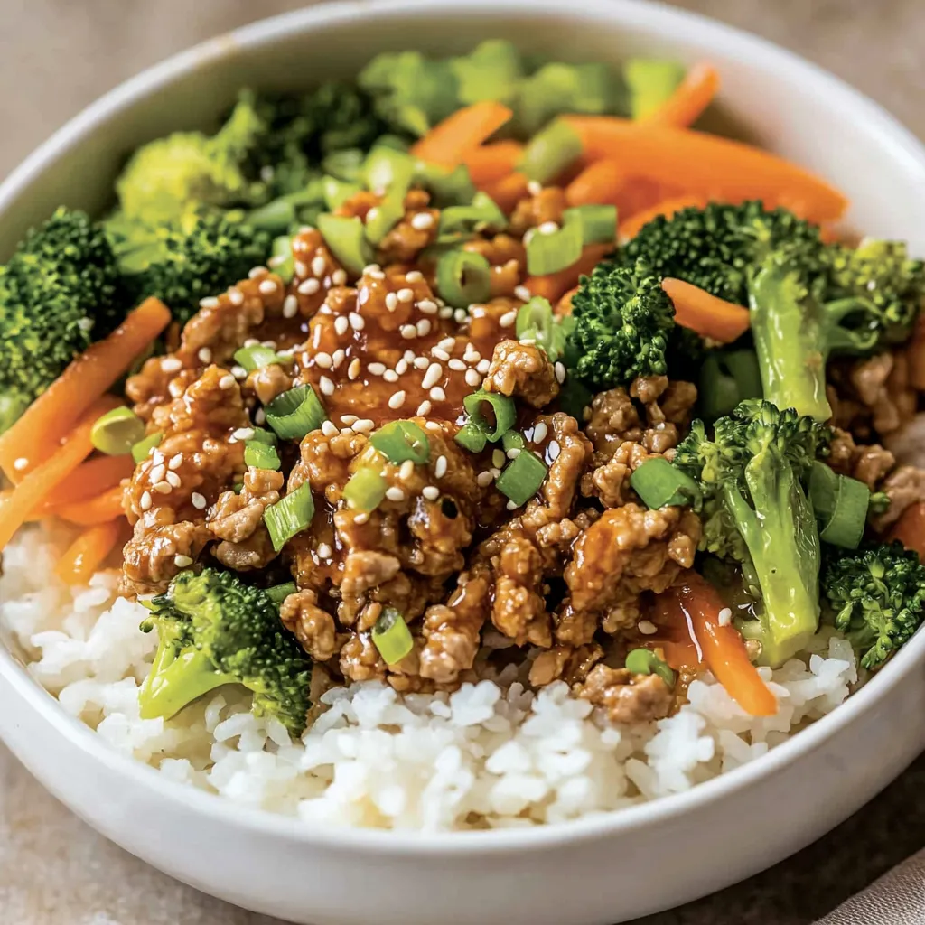 Ein weißer Teller mit einer Mischung aus Rice, Ground Turkey Teriyaki Stir Fry und vielen Zwiebeln.