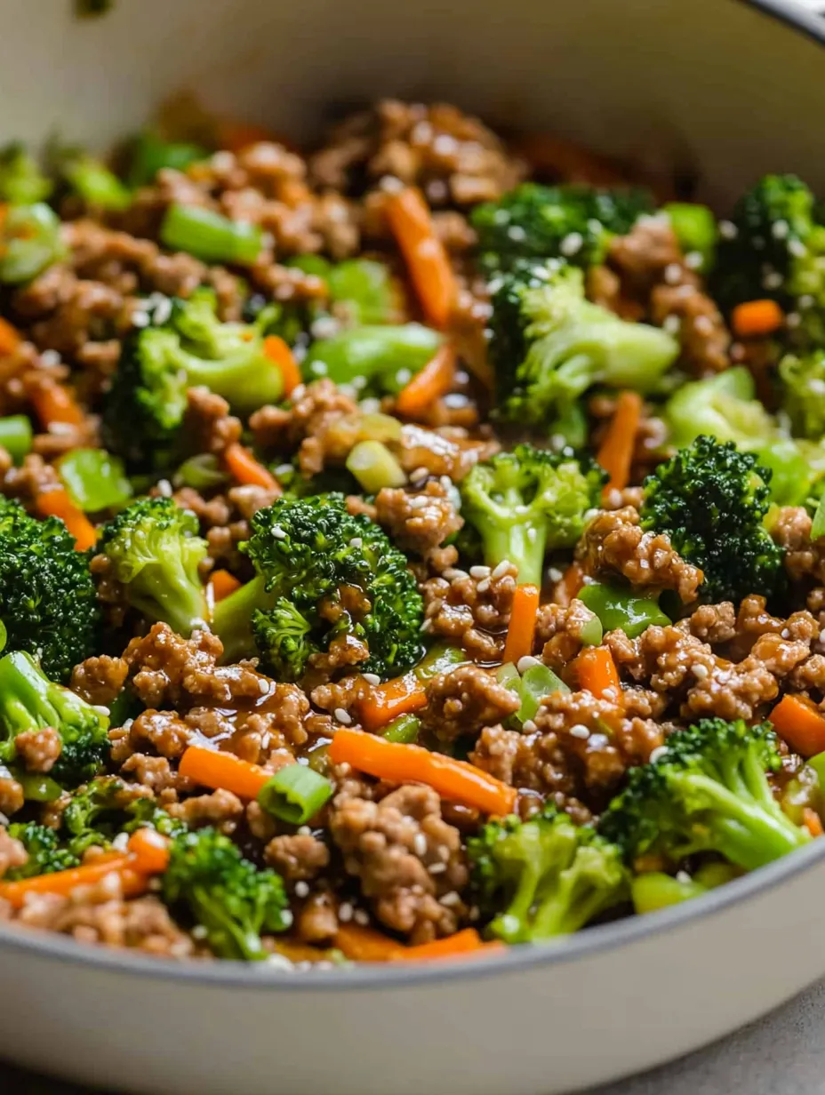 Ein Bild von einer Mischung aus Ground Turkey, Teriyaki Sauce und Zwiebeln, die in einem Topf gekocht werden.