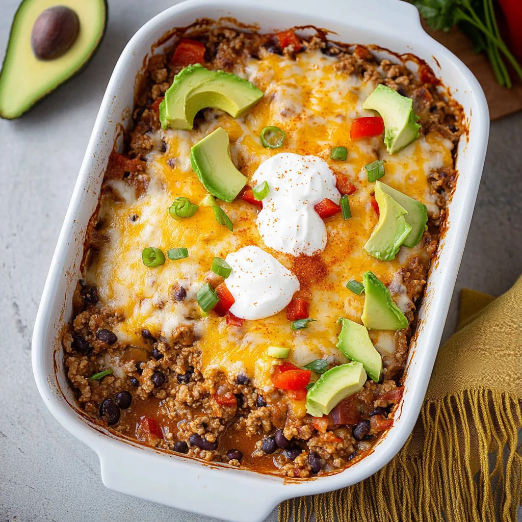 Ein weißer Teller mit einer Taco-Kasserole, die aus Rinderfleisch, Kartoffeln, Avocado und Tomaten besteht.