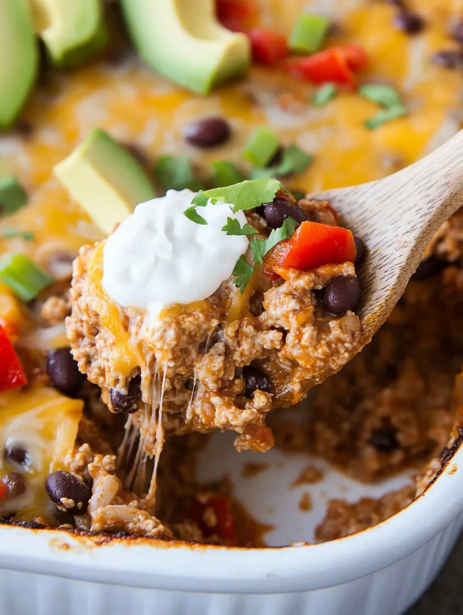 Ein Bild von einer Taco Casserole mit Ground Turkey, Tomaten, Avocado und Garnierung.
