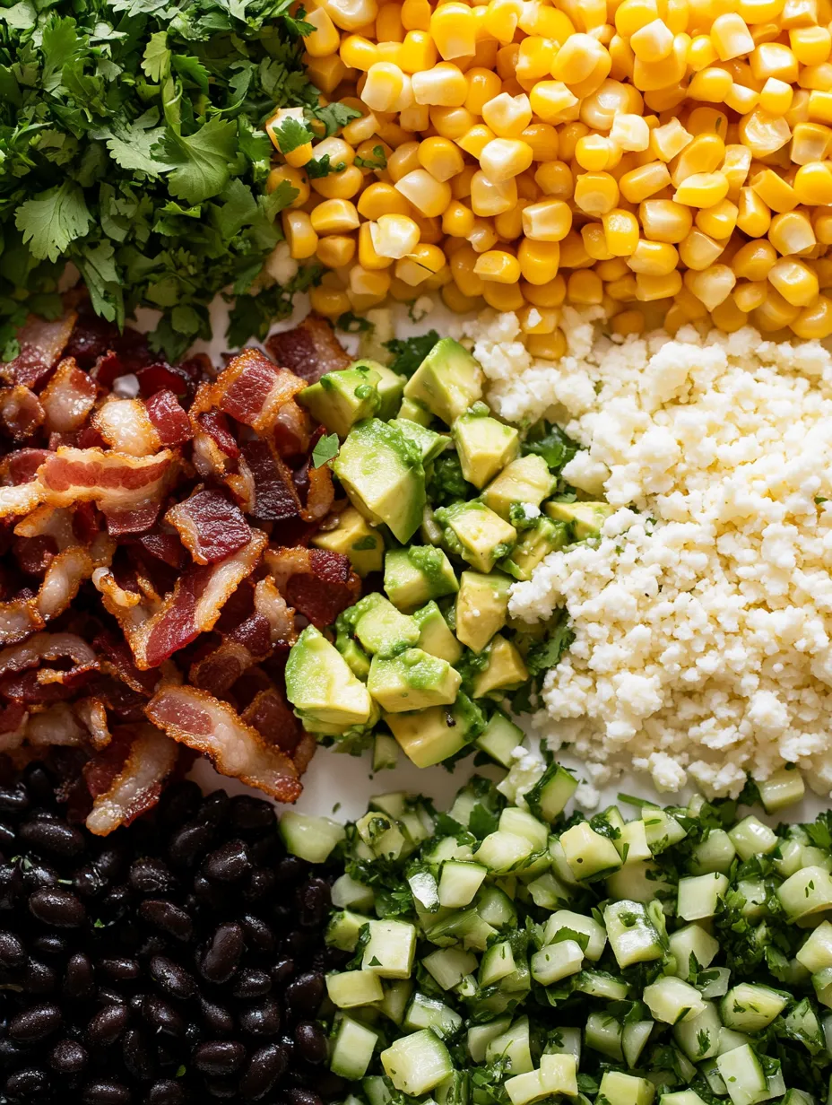 Eine Tafel mit verschiedenen Zutaten für eine mexikanische Street Corn Pasta Salad.