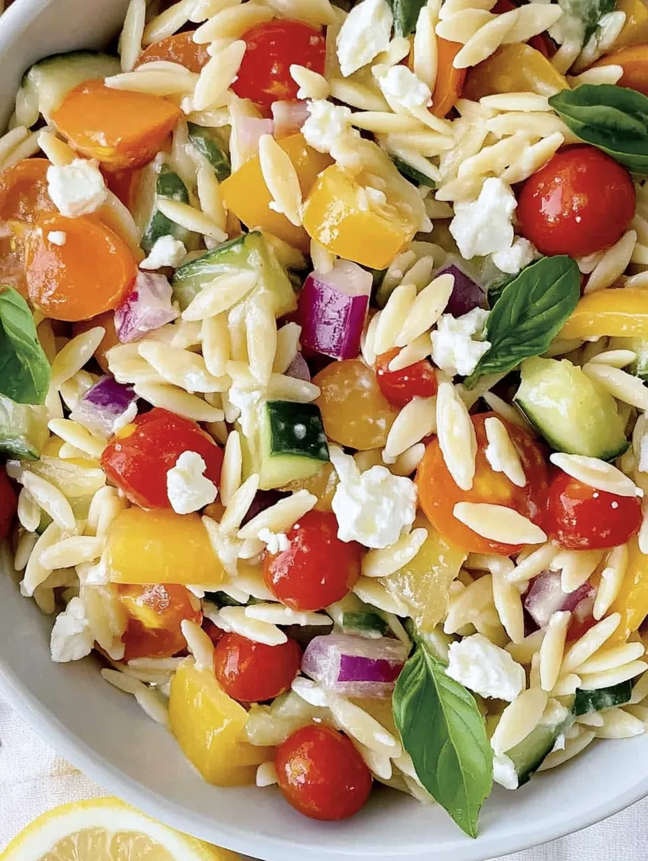 Ein Bild von einer fruchtigen Salatgarnitur, die aus einer Mischung aus Reis, Zucchini, Tomaten, Basilikum, Paprika und anderen Gemüse besteht.