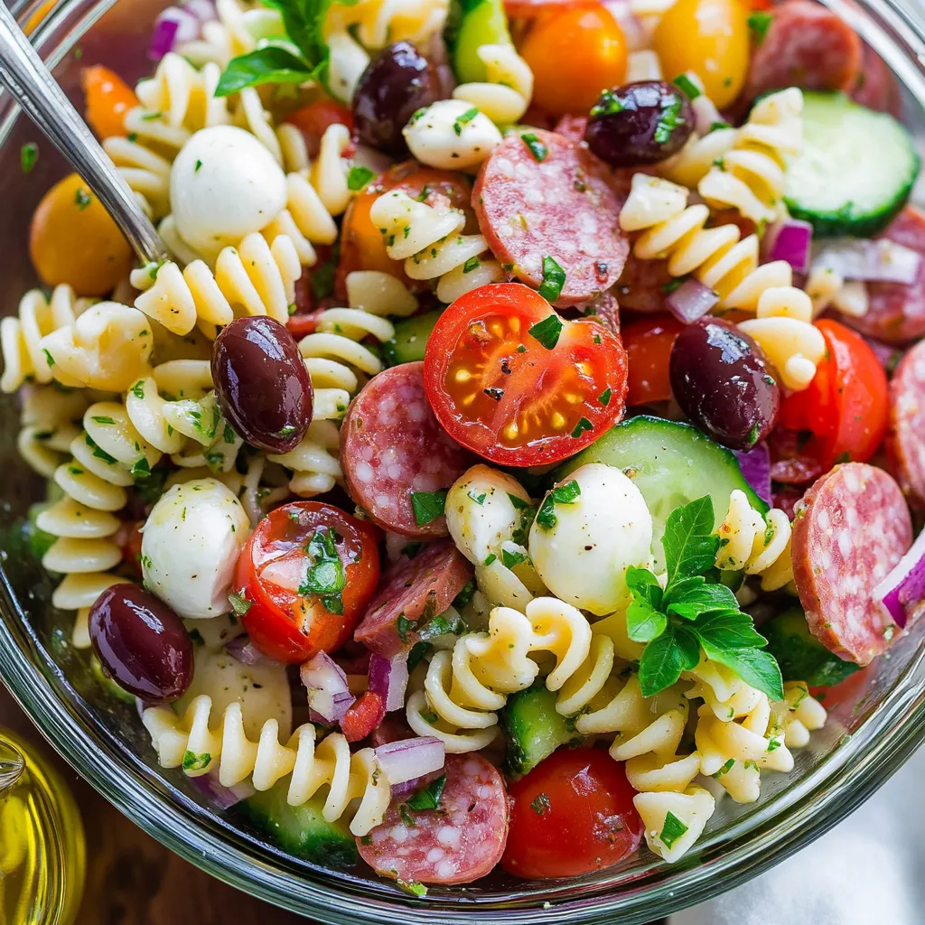 Eine Schüssel mit einer Mischung aus Pasta, Tomaten, Zucchini, Oliven und Salatgarnituren.