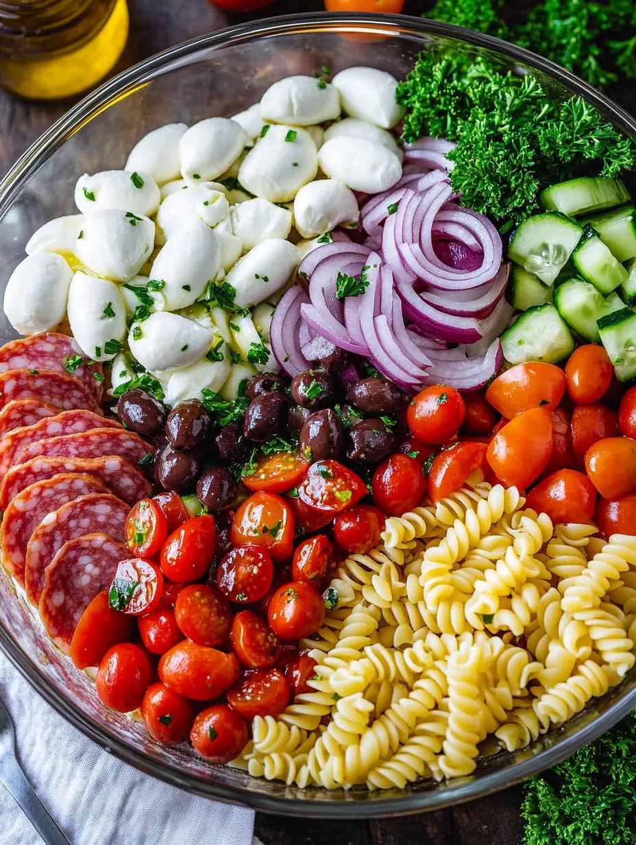 Ein großes, leckeres Italian Pasta Salad Recipe (VIDEO) mit vielen verschiedenen Zutaten wie Tomaten, Onion, Broccoli, Meatballs, Mozzarella, Oliven und Pasta.