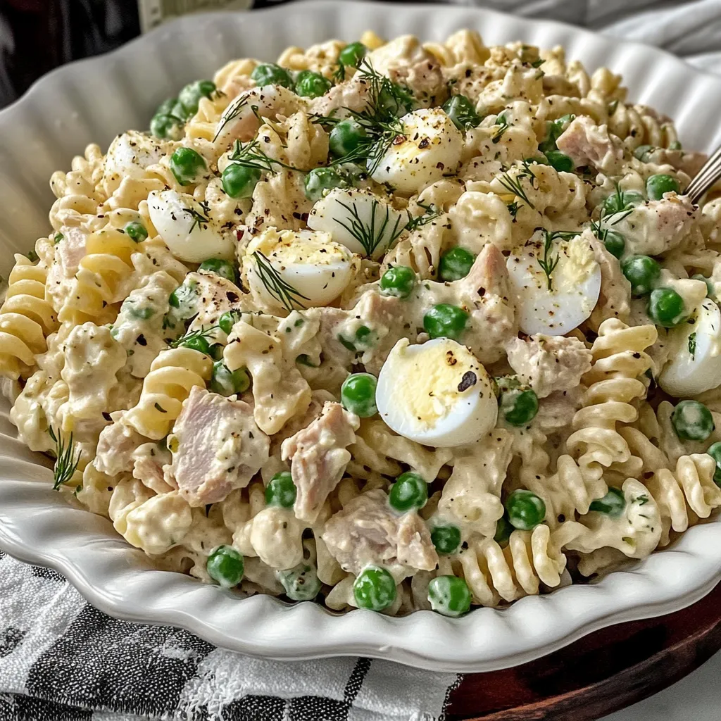 Ein weißer Teller mit einer Mischung aus Pasta, Eiern und Tuna.