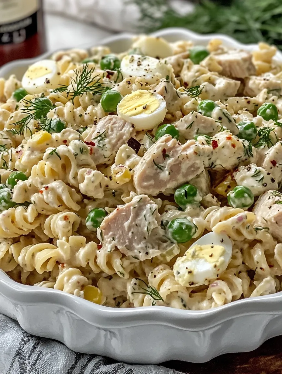 Ein weißer Teller mit einer Mischung aus Nudeln, Eiern, Tuna und Zwiebeln.