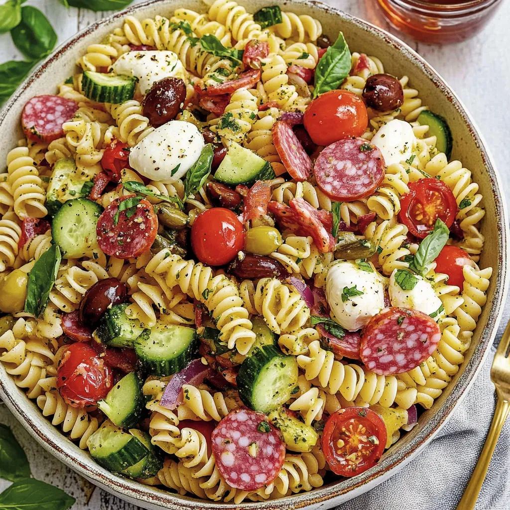 Ein Bohneneintopf mit pasta, tomaten, zucchini, cucumber, olivenöl, salami, mozzarella und basilikum.