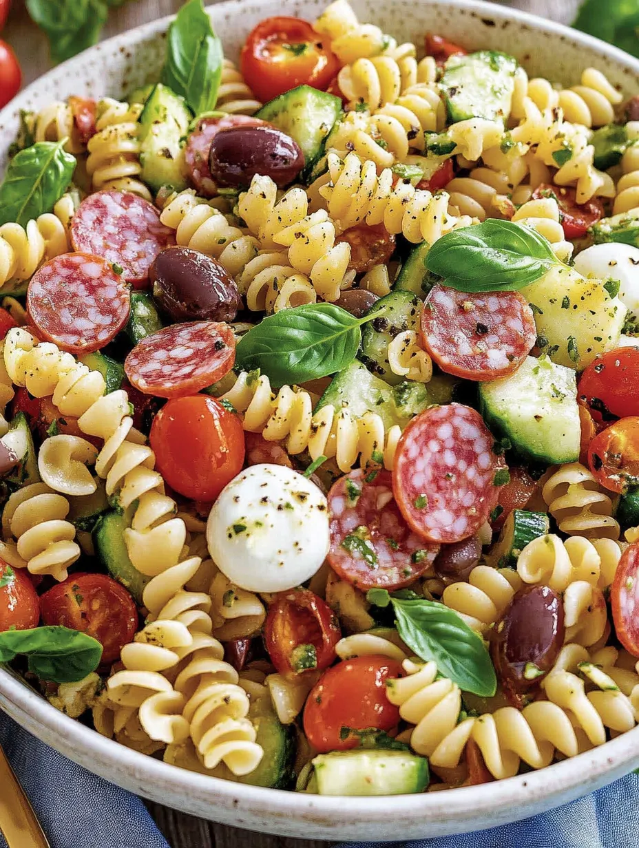 Ein Bohnensalat mit Pasta, Tomaten, Zucchini, Basilikum und Salami.