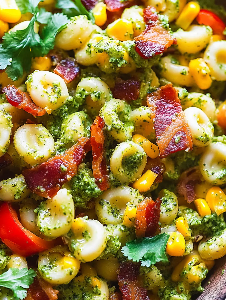 Eine Schüssel mit einer Mischung aus Kartoffeln, Pasta und Bacon, garniert mit einer cremigen Pesto-Dressung.