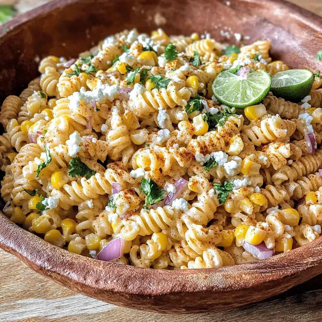 Ein großer, ausreichender Salat aus Elote Pasta (Mexikanischer Straßenkürbis) mit vielen Zutaten wie Kartoffeln, Koriander, Tomaten, Onions und Limetten.