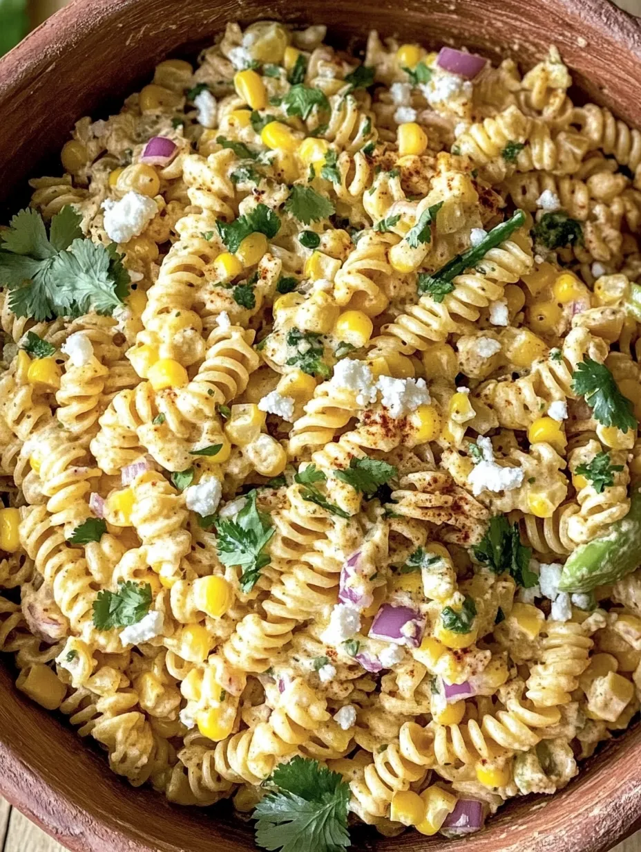 Ein Bild von einer Pasta-Salat-Zubereitung, die aus Elote (Mexikanischer Straßenkürbis) und Pasta besteht.