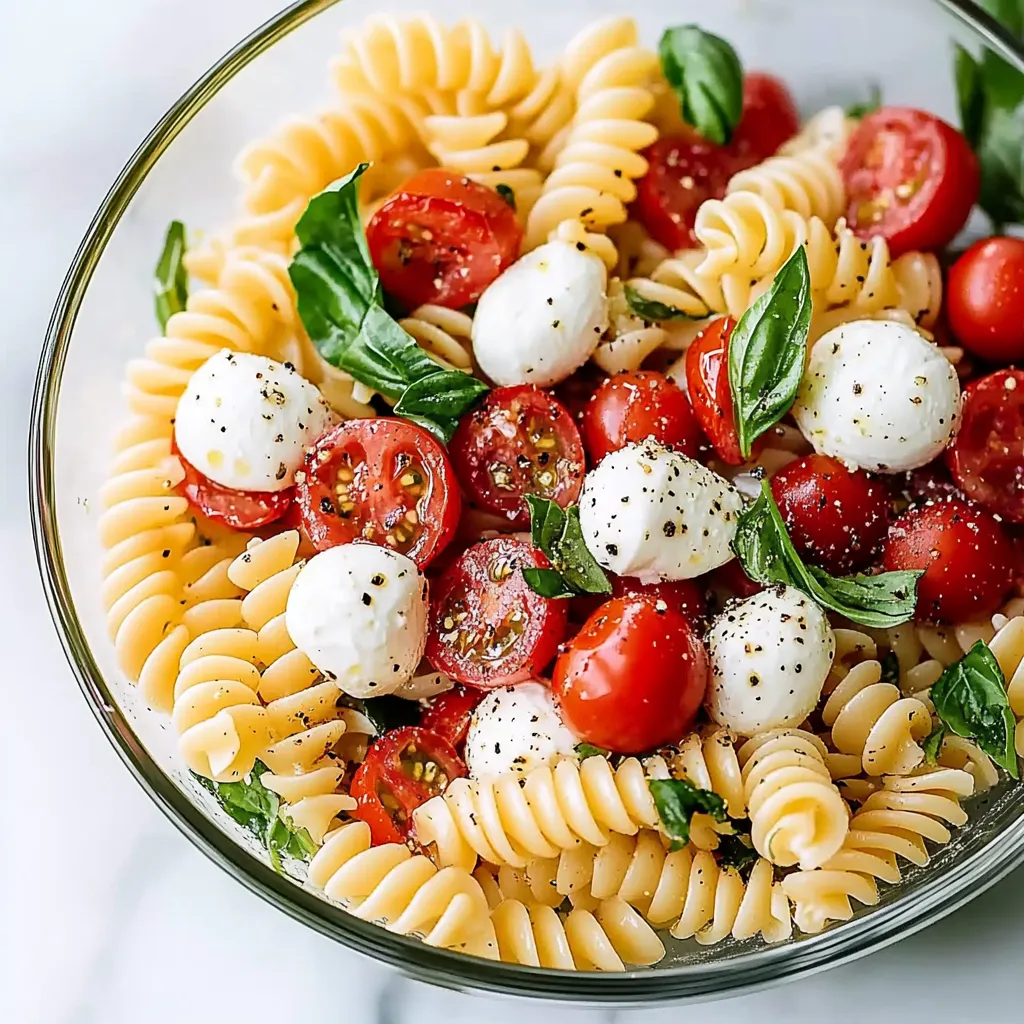 A bowl of creamy caprese pasta salad.
