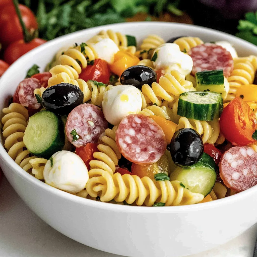 A bowl of pasta salad with tomatoes, olives, and meatballs.