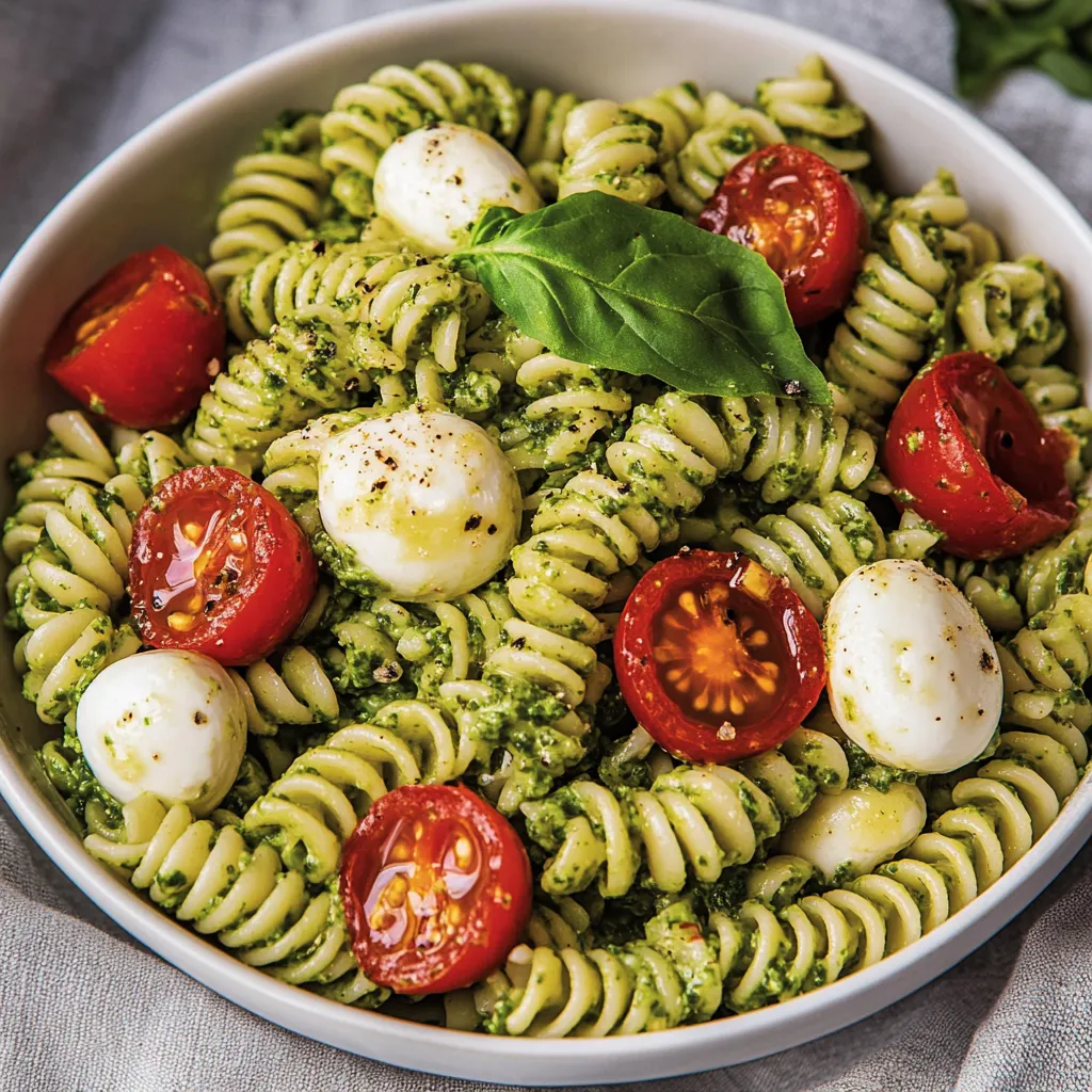 A bowl of pasta salad with tomatoes, spinach, and cheese.