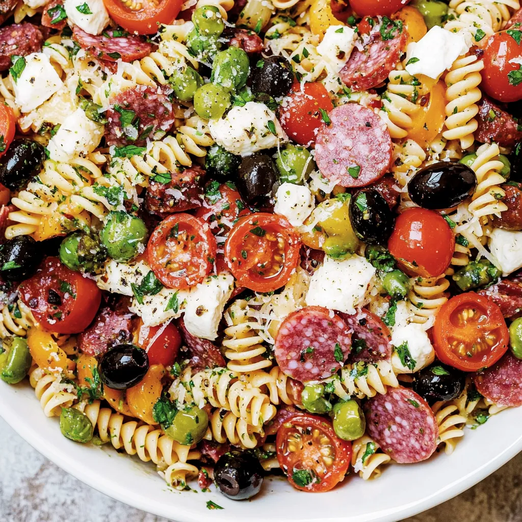 A bowl of zesty Italian pasta salad.