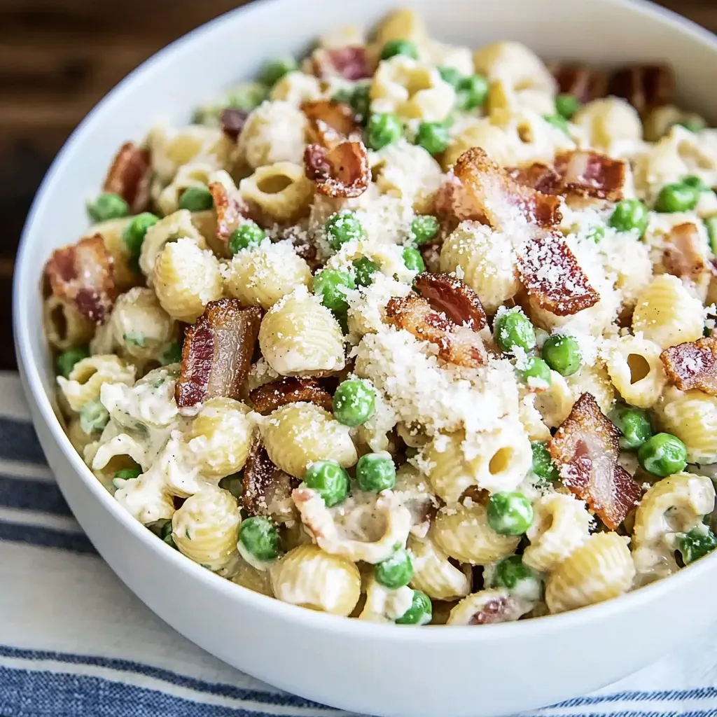 Ein weißer Teller mit einer cremigen Pasta Salat, die mit Bacon, Peas und Pasta vermischt ist.