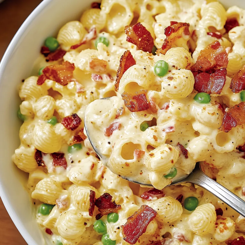 Ein weißer Teller mit einer cremigen, zutatenreichen Pasta-Salat mit Bacon und Peas.
