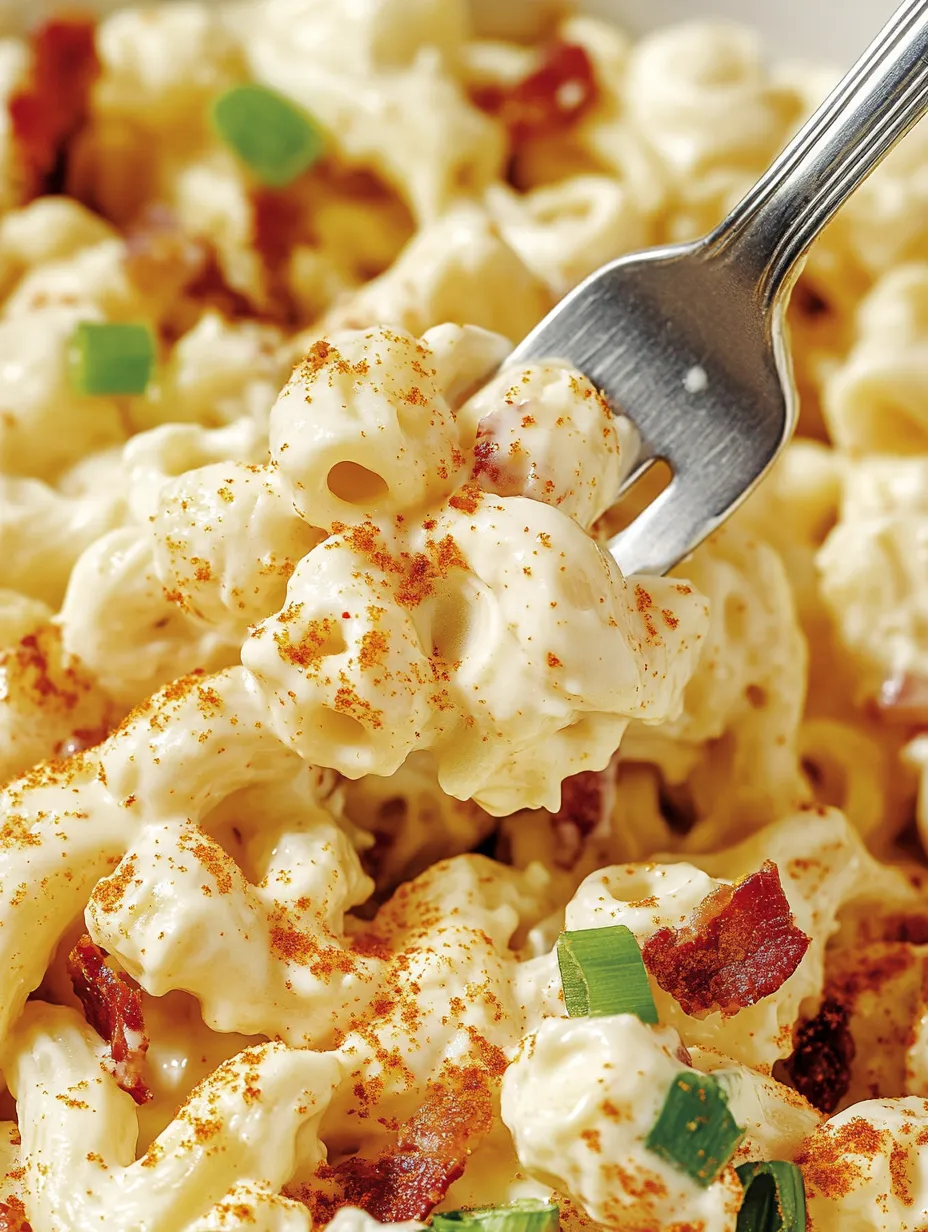 Eine Schüssel mit creamy deviled egg pasta salad.
