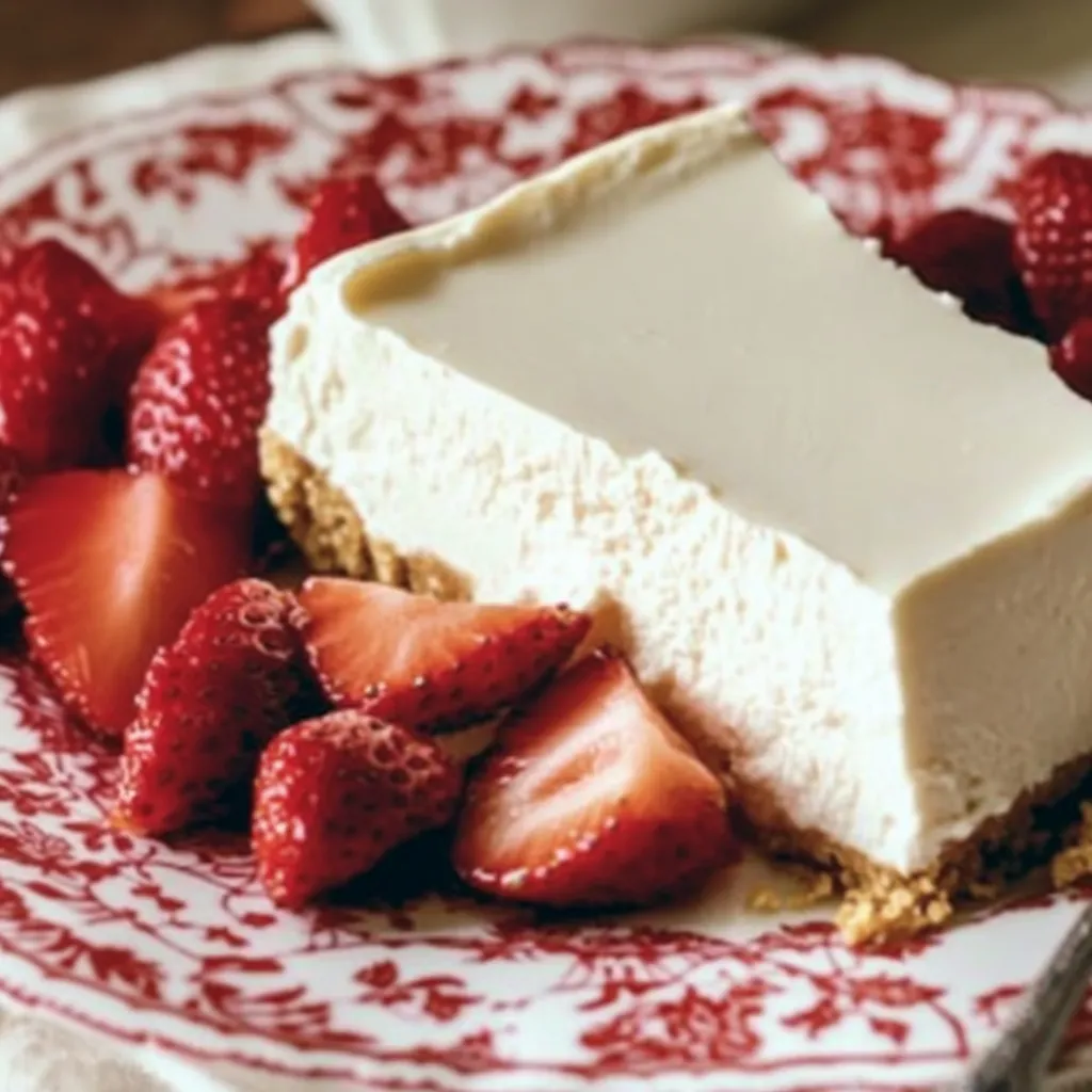 Ein St&uuml;ck No-Bake Greek Yogurt Cheesecake Squares auf einem roten und wei&szlig;en Plate.