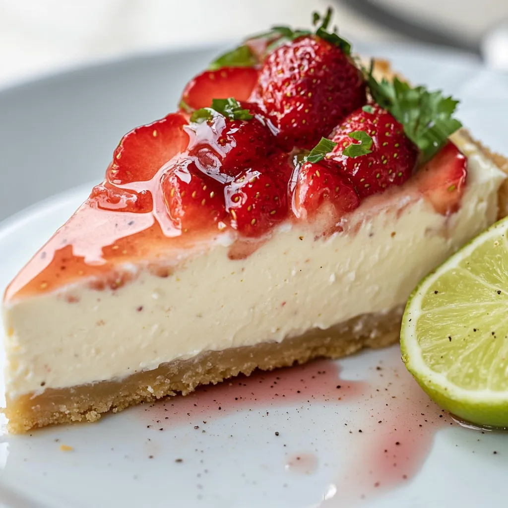 Ein Stück No-bake Greek Yogurt Cheesecake mit Strawbergen und Zitrone.