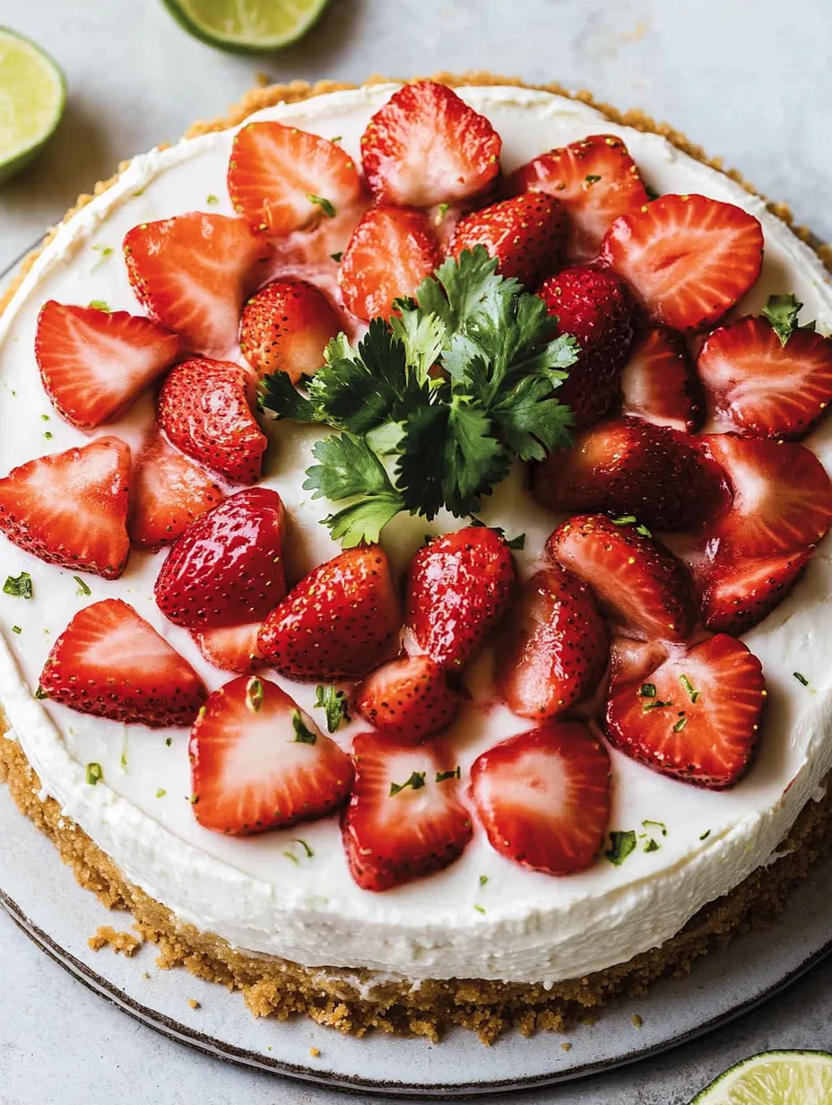 Eine süße Strawberry-Topping-Cheesecake mit grünen Zutaten.
