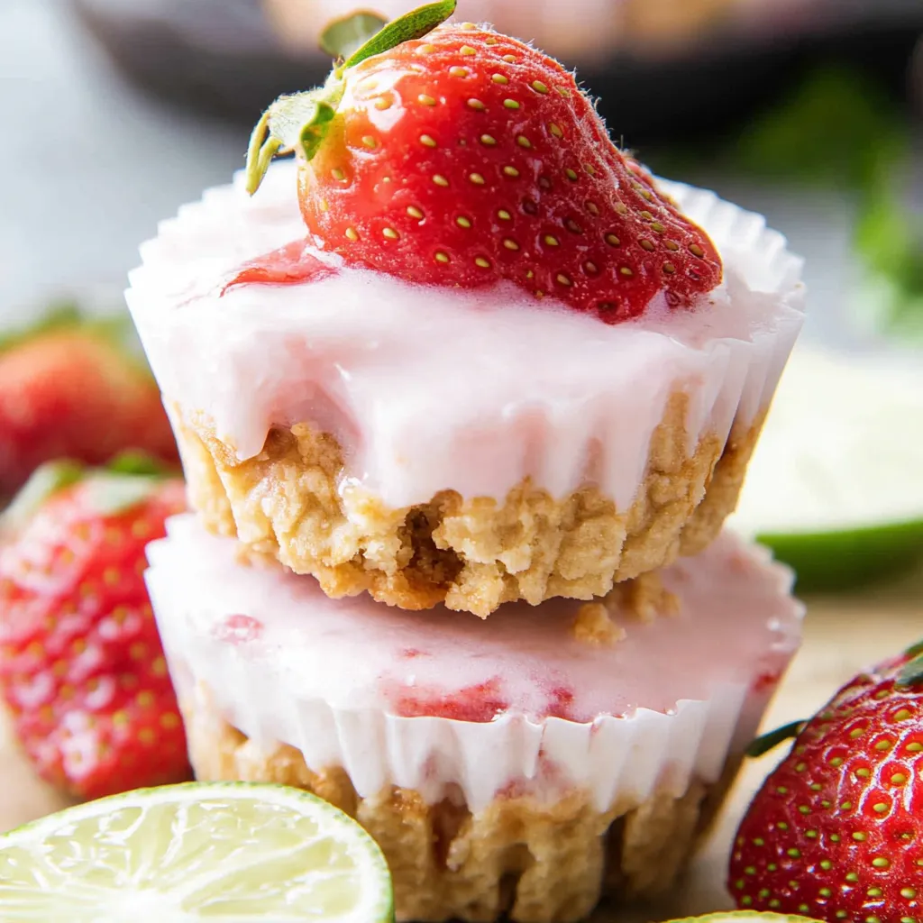 Ein Bild mit drei Stückchen von Strawberry Yogurt Bites, die mit Strawberries und Zitrone garniert sind.