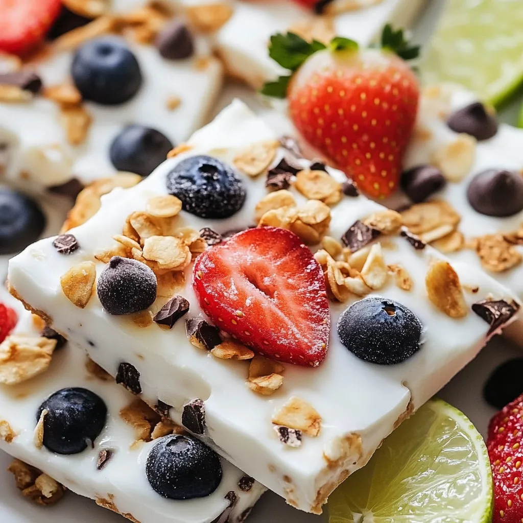 Eine Tafel mit verschiedenen Früchten wie Strawberries, Blueberries, Lime und Mango, die als Topping für ein Frozen Yogurt Bark verwendet werden.