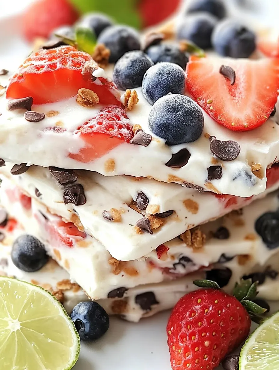 Eine Schicht von Frozen Yogurt Bark mit Strawberries, Blaubeeren, Zitrusfrüchten und Nüssen.