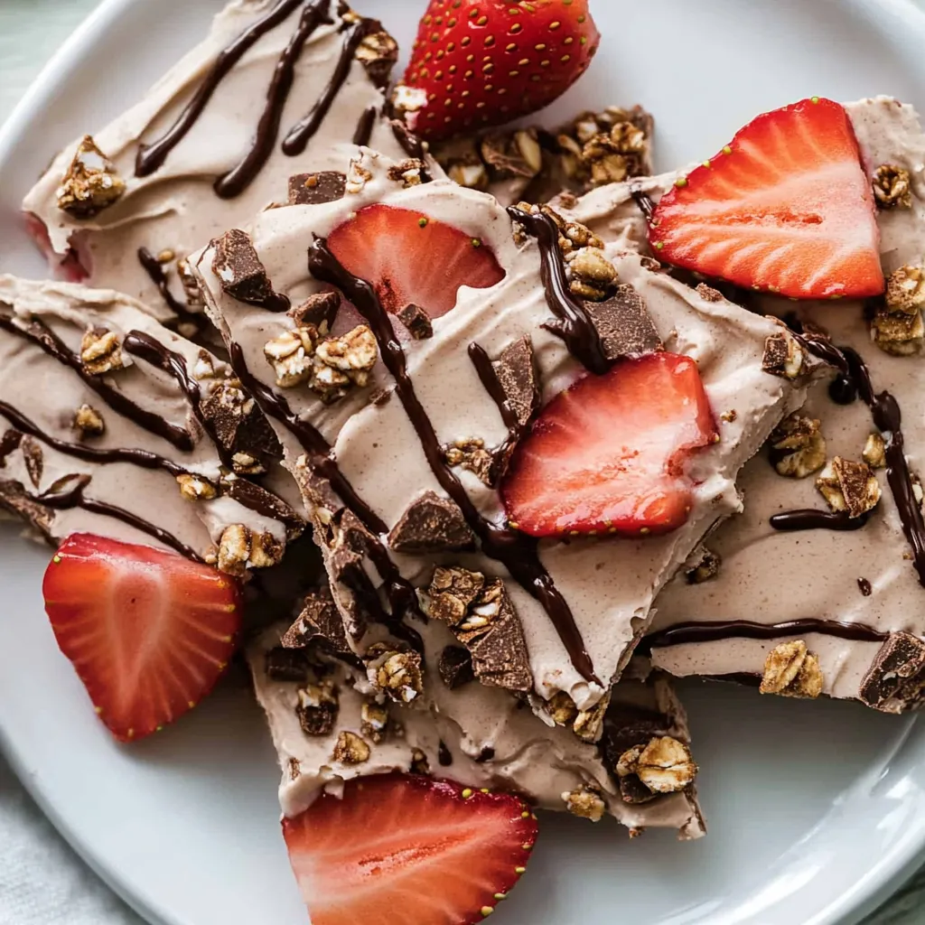 Ein weißer Teller mit Strawberries und Frozen Yogurt Bark.