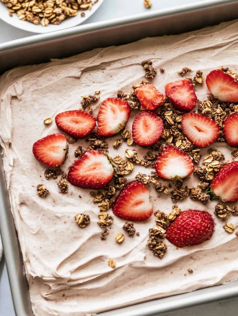 Eine Tafel mit einer Schicht aus Frozen Yogurt und Strawberries.