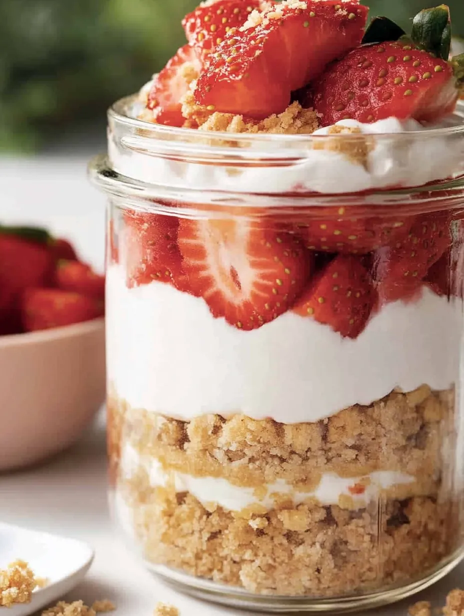 Eine Schüssel mit einer Mischung aus Strawberries, Whipped Cream und Crumbs.