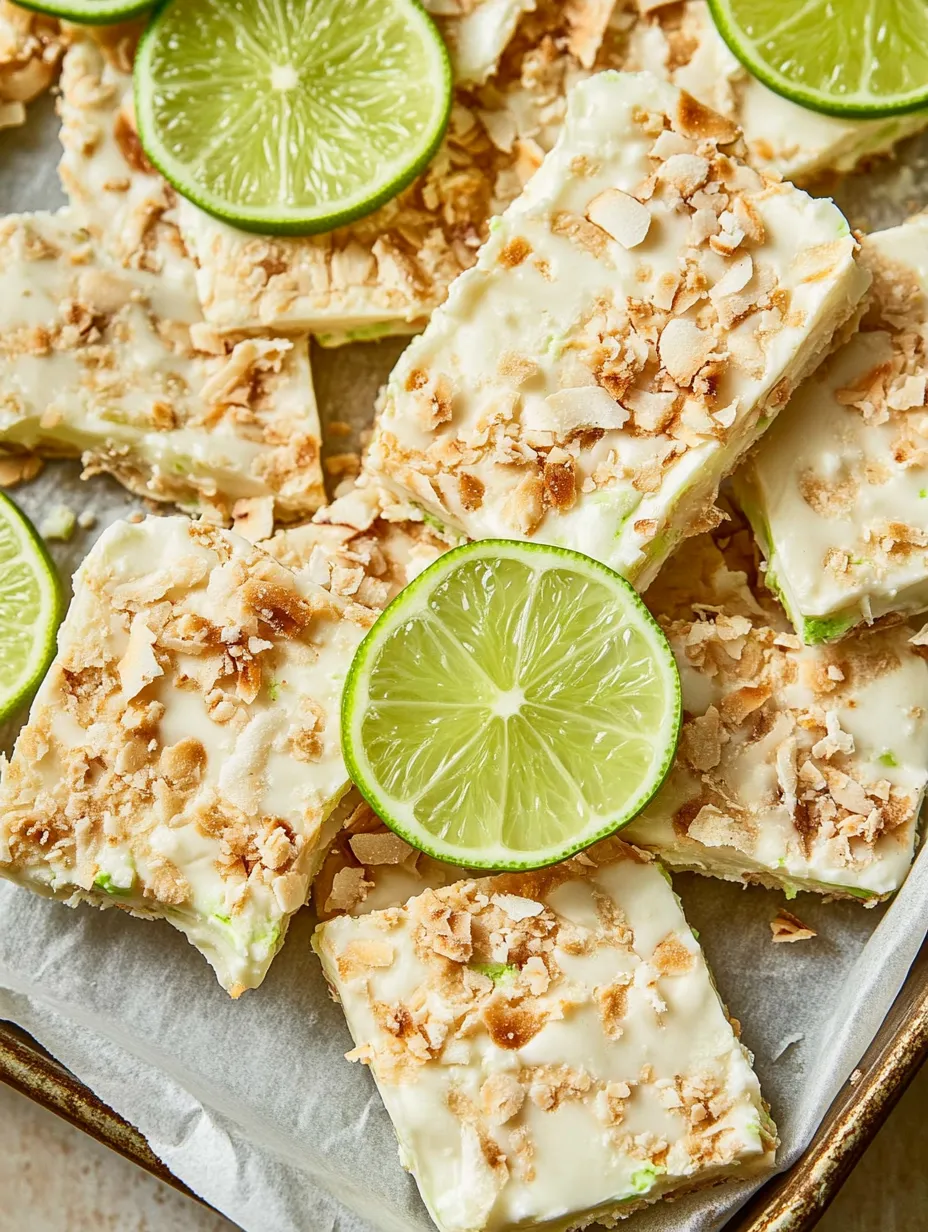 Ein Stück Key Lime Pie Yogurt Bark Recipe, das aus Linsen, Nüssen und Zitrusfrüchten besteht.
