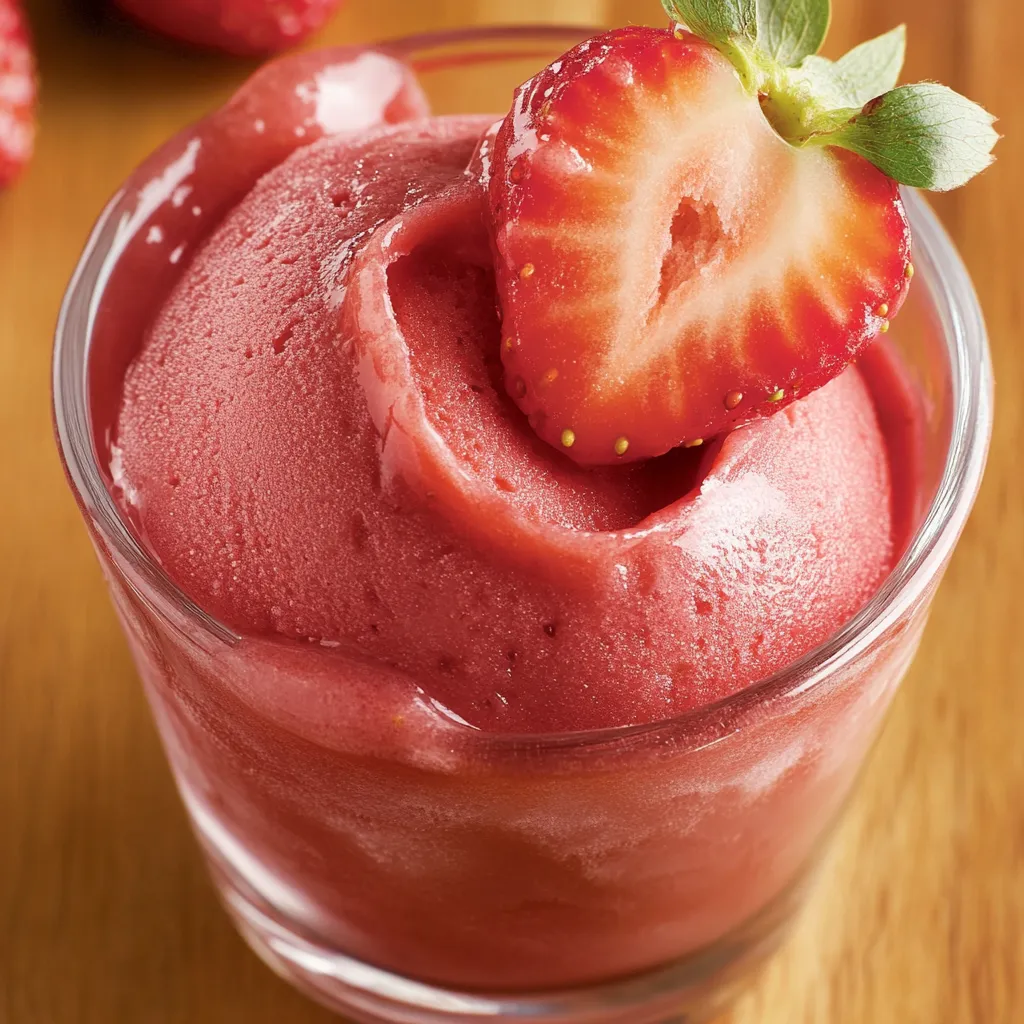 Ein Glas mit Strawberry Sorbet, der mit Strawberries und Strawberry-Sorbet-Blendung gefüllt ist.