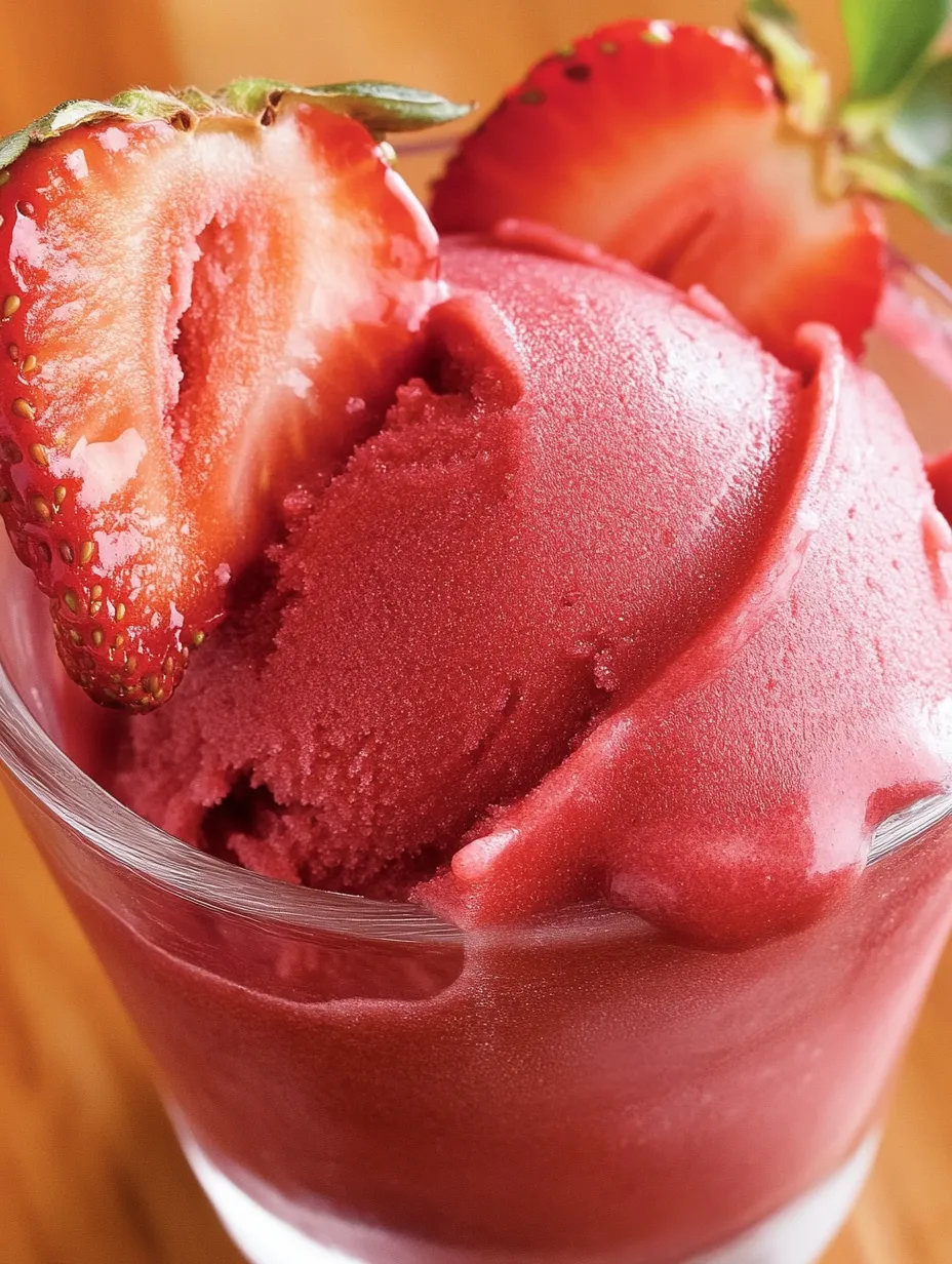 Ein Glas mit Strawberry Sorbet, das mit Strawberries und Strawberry-Sorbet-Kreationen gefüllt ist.