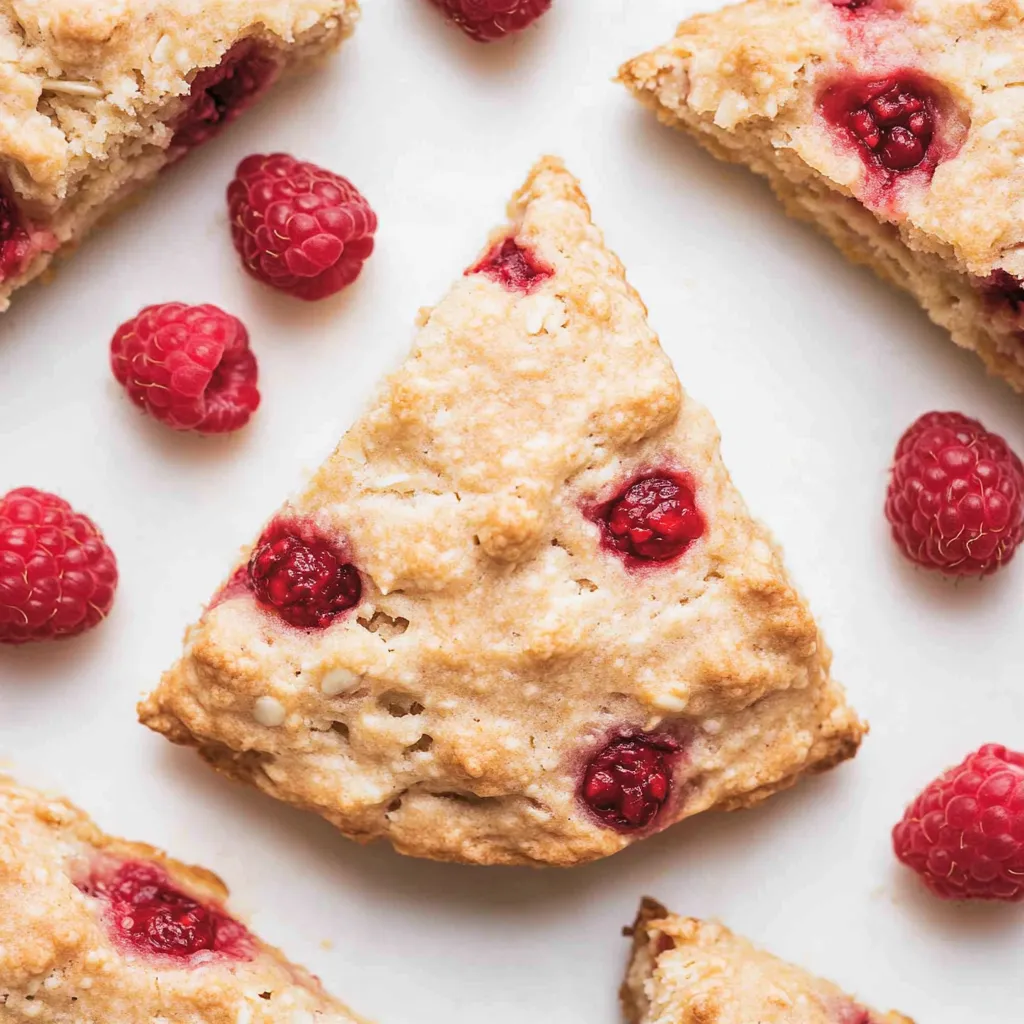 Raspberry Almond Scones auf einem weißen Tisch.