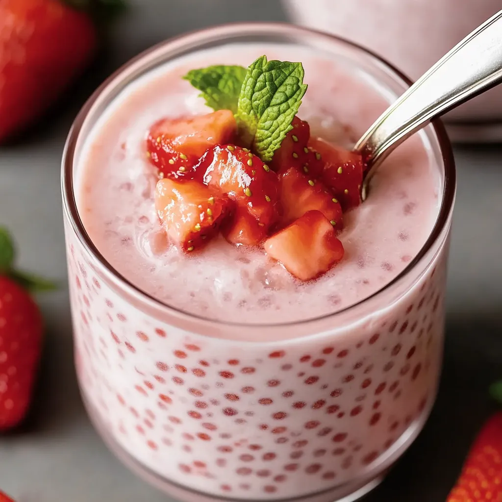 Ein Glas Strawberry Sago mit Strawberries und Mint.