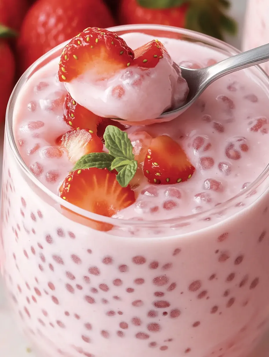 Ein Glas mit Strawberry Sago, das mit Strawberries und einer Gabel gereicht wird.