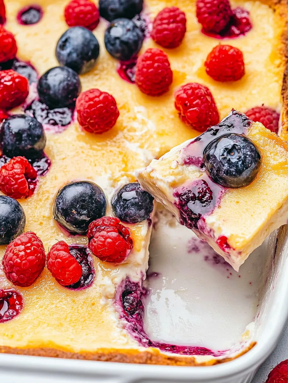 Ein Stück von einem Breakfast Fruit + Yogurt Bake, das aus einer Kombination aus Früchten, Yogurt und Gebäck besteht.