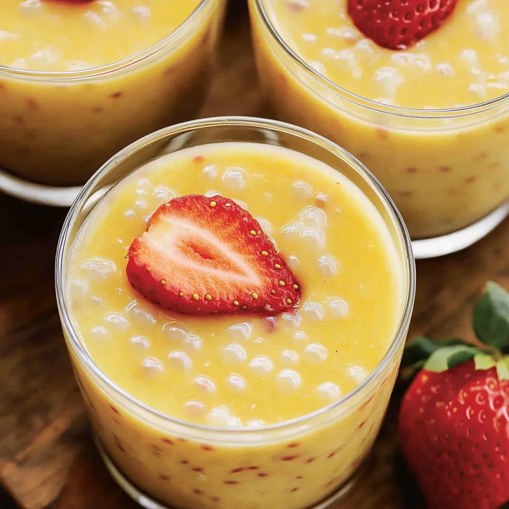 Ein Glas Mango Tapioca Pudding (Mango Sago) mit Strawberries.