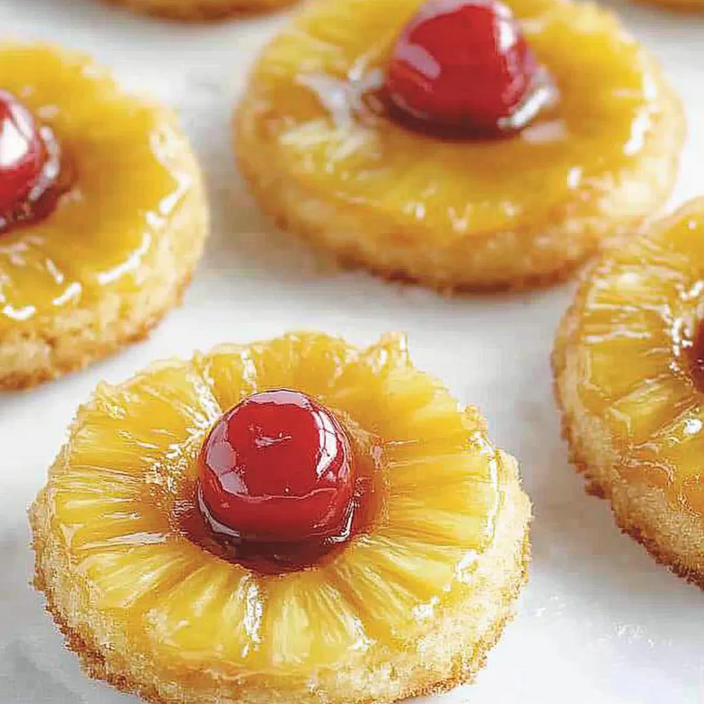 Ein Pineapple Upside Down Sugar Cookie mit einer Kugel aus Cherry auf der Oberseite.