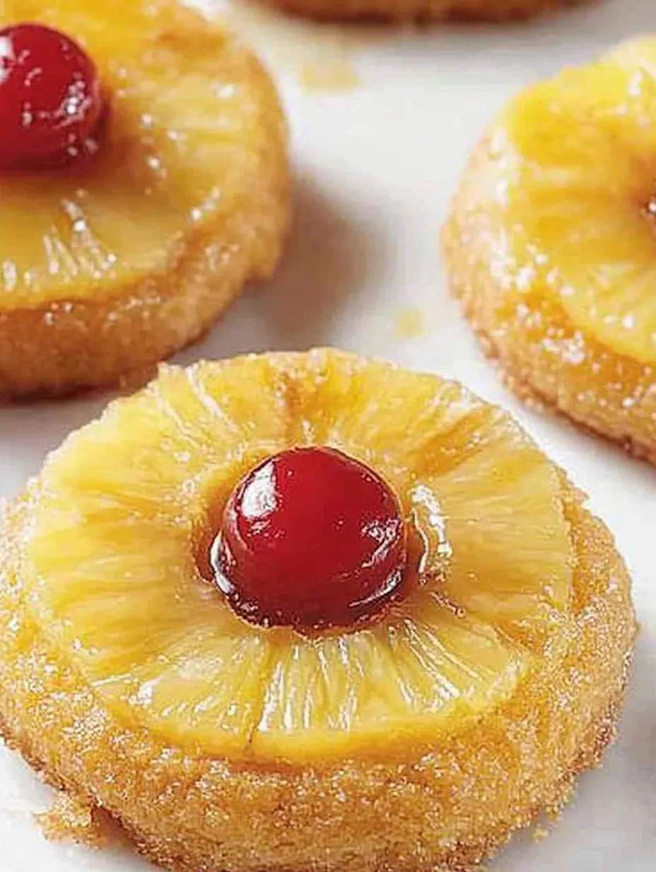 Ein Pineapple Upside Down Sugar Cookie mit einer Kugel aus Cherry.