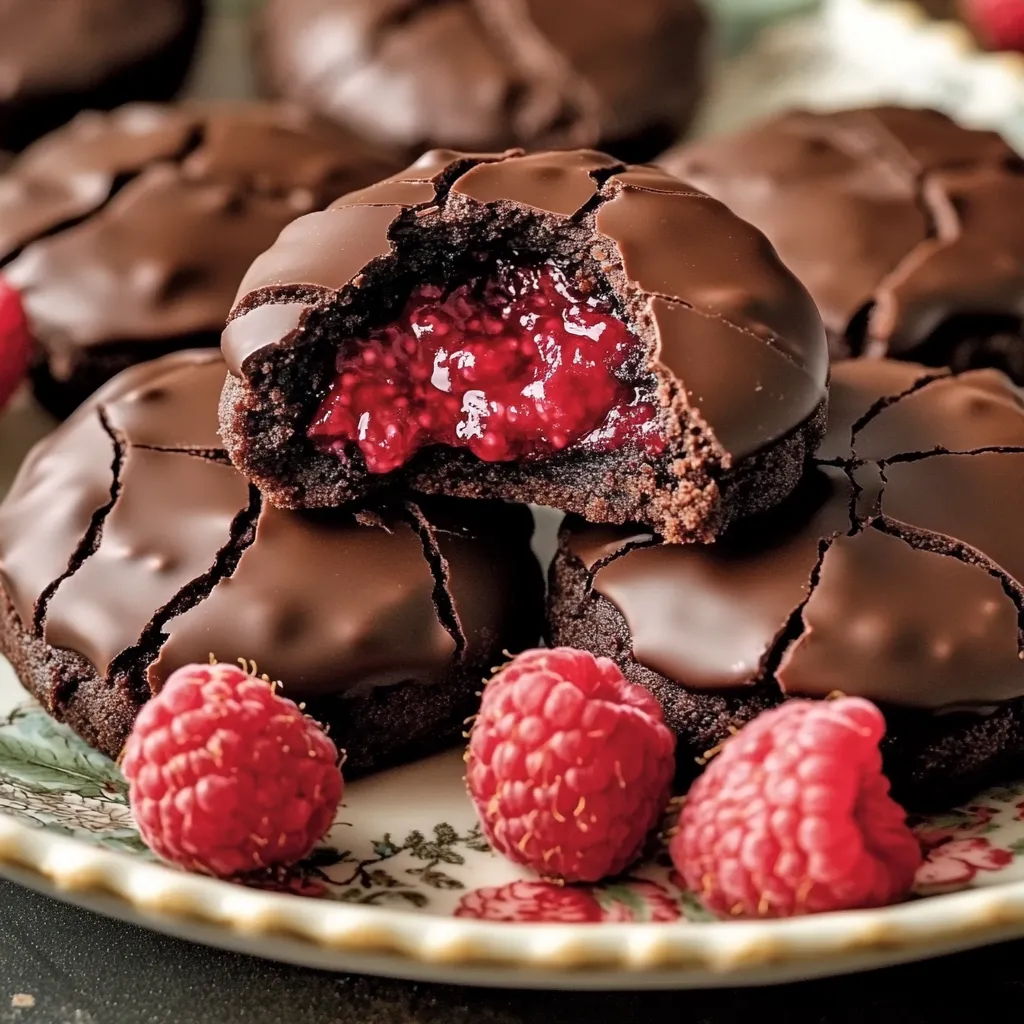 Eine Platte mit Schokoladenkuchen, die mit Raspberry gefüllt sind.